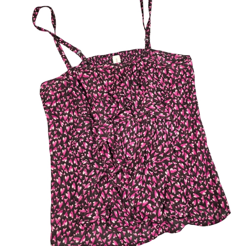 Ruffle Hearts Cami Top Large Black Pink Smocked Tank Y2K Girly Romantic Coquette